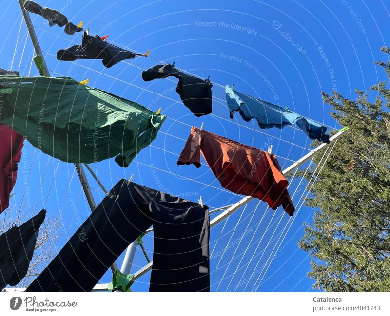 Wäsche hängt zum trocknen unter blauem Himmel Wäsche waschen Waschtag Wäscheleine Sauberkeit aufhängen Alltagsfotografie Bekleidung Kleidung frisch Haushalt
