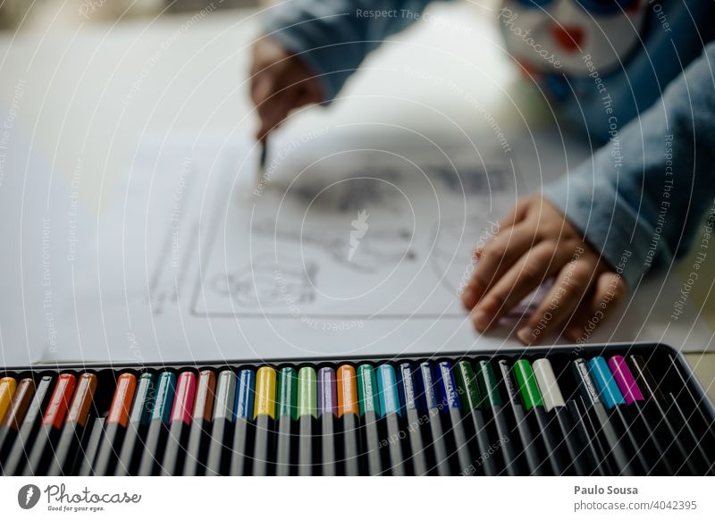 Kind malt mit Buntstiften Bleistift farbig farbenfroh Farbe Farben Farbverlauf Stifte zeichnen zu Hause Kindergarten Schule Farbstift grün Kunst Zeichnung