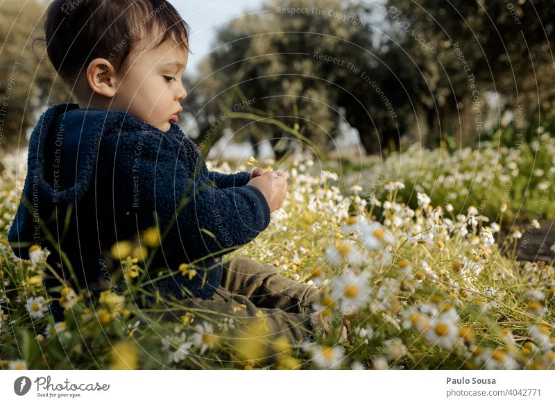 Kind spielt im Park Kindheit Frühling Blume Neugier erkunden Glück 1-3 Jahre authentisch Fröhlichkeit Tag Kaukasier Farbfoto Natur Außenaufnahme Leben