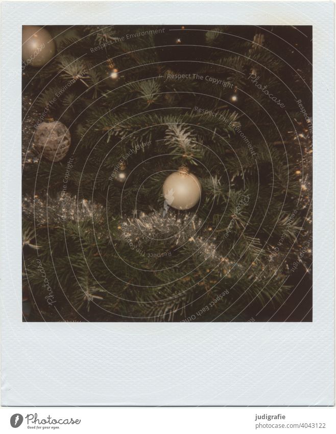 Detail eines geschmückten Weihnachtsbaumes auf Polaroid Weihnachten & Advent Tanne Tannenzweig Weihnachtsbaumkugel Weihnachtsbaumschmuck Weihnachtsdekoration