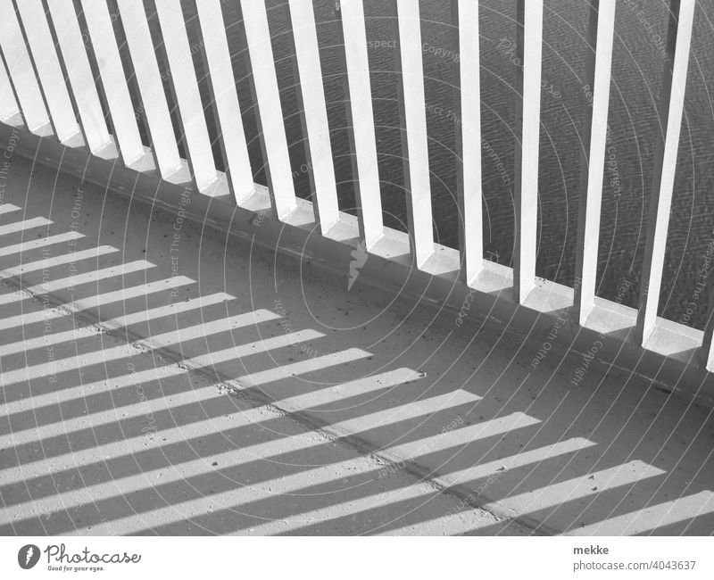 Brückengeländer in der Frühlingssonne Geländer Schatten Architektur Stahlkonstruktion eisen begehbar schwindelfrei Wasser Metall stadt Sonnenlicht Muster