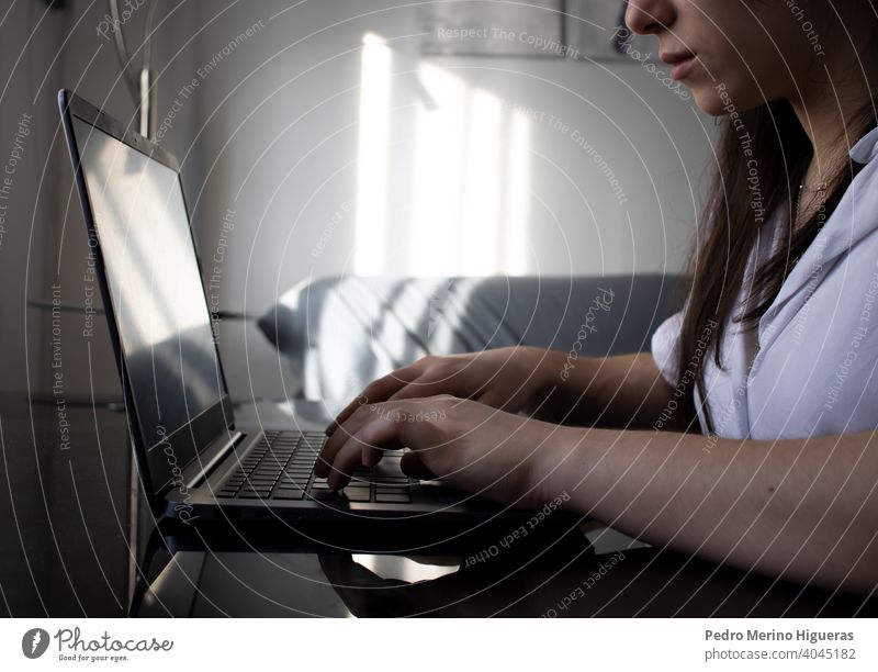 Frau benutzt ihren Laptop zu Hause. Freiberufler Büro Hand Business freiberuflich Bildung Cyberspace Computer Job Arbeit Arbeitsplatz heimwärts Programmierung