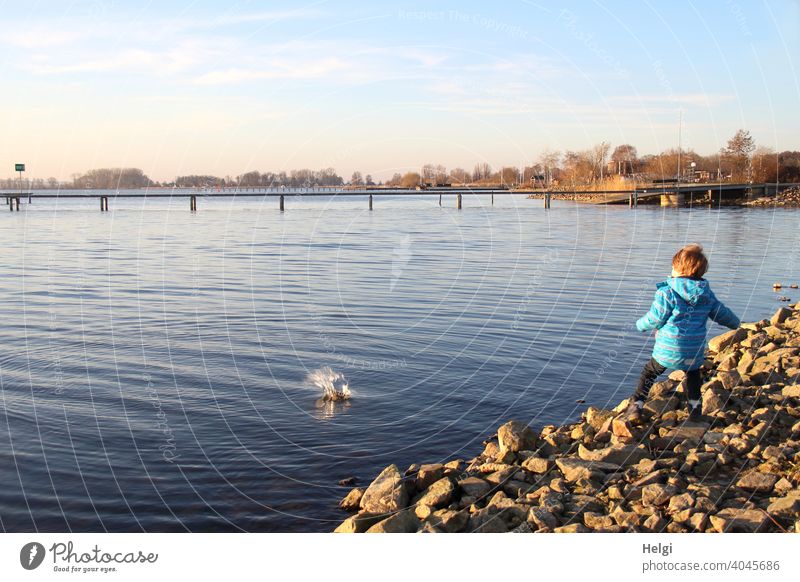 platsch - Rückansicht eines kleinen Jungen, der am Ufer eines Sees einen Stein ins Wasser wirft Mensch Kind Kleinkind Kindheit Freude Spaß Seeufer Steinwurf