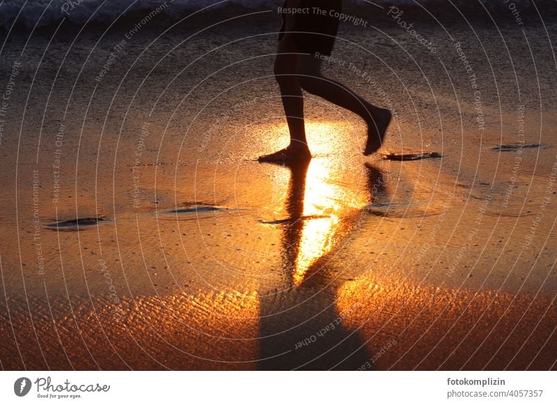 Kinderfüße im golden angestrahlten nassen Strandsand Füße Beine Kinderbein Barfuß Fuß Sand Sonnenuntergang laufen ferien strand Ferien & Urlaub & Reisen