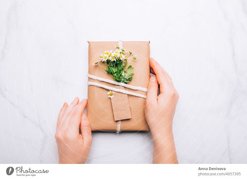 Umweltfreundliches Geschenk in braunes Papier verpackt Verpackung Blumen Kamille Feiertag Kasten präsentieren Überraschung handgefertigt kreativ Muttertag