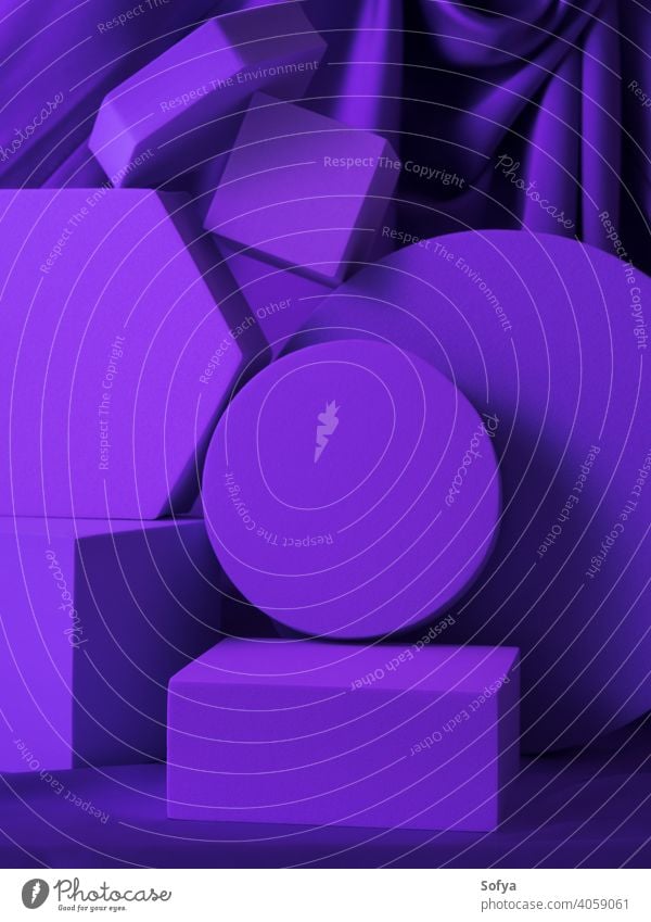 Geometrische Formen lila Stand Podium Mockup für Produkt-Display auf Seide Hintergrund Anzeige geometrisch Attrappe stehen purpur neonfarbig Design Farbe tief