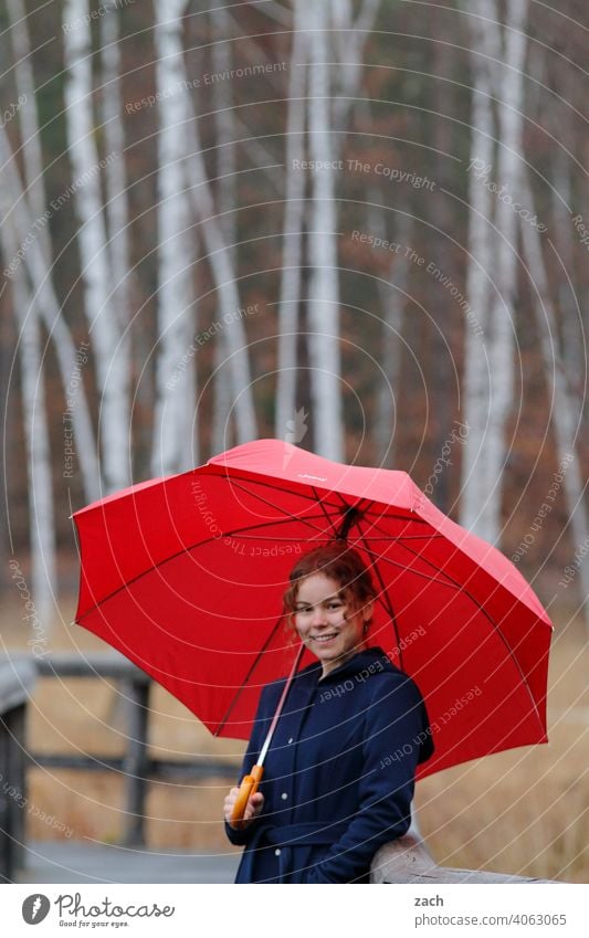 Morgenmelodie Frau Mädchen Junge Frau Freizeit & Hobby Wald Wege & Pfade Regenschirm Schirm rot Sonnenschirm