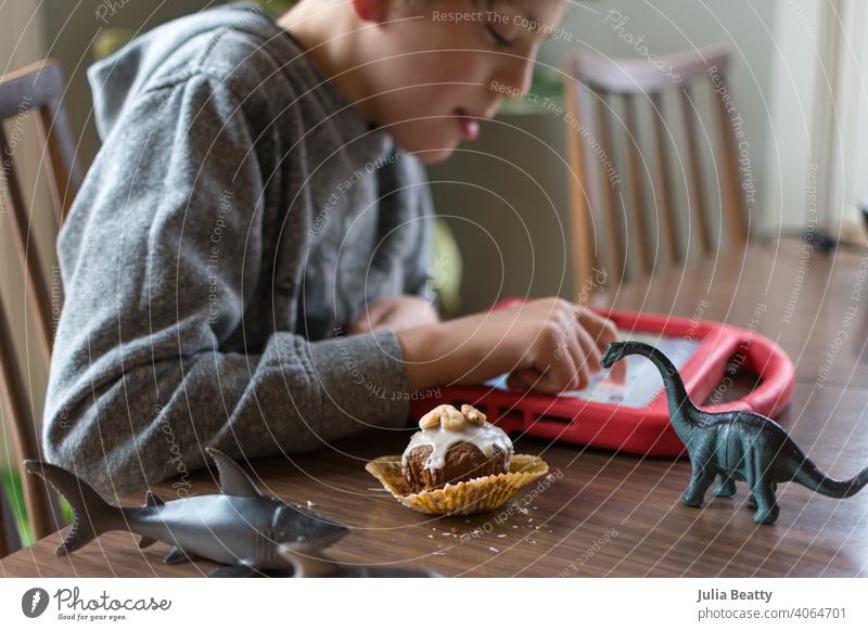Junge mit Autismus kommuniziert mit ipad, während er einen hausgemachten glutenfreien Muffin isst; Plastiktierspielzeug in der Nähe besondere Bedürfnisse
