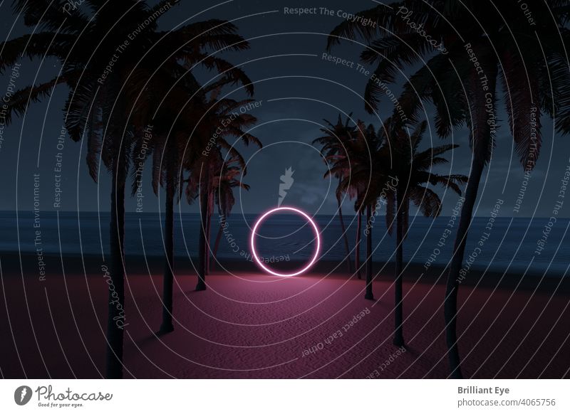 Kreisförmiges Neon Portal erhellt Palmenallee bei Nacht abstrakt Allee Hintergrund Strand Strandpromenade schön blau Küste Textfreiraum Dekoration & Verzierung