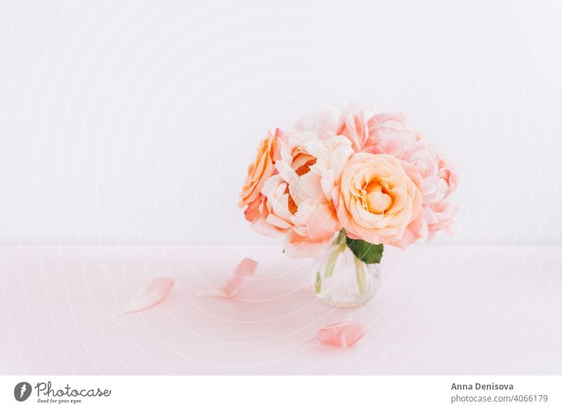 Frischer Strauß aus rosa Pfingstrosen und Rosen Pastell Roséwein Haufen Blume Blumenstrauß geblümt Blütenblätter Tapete Postkarte Frühling Liebe Sommer