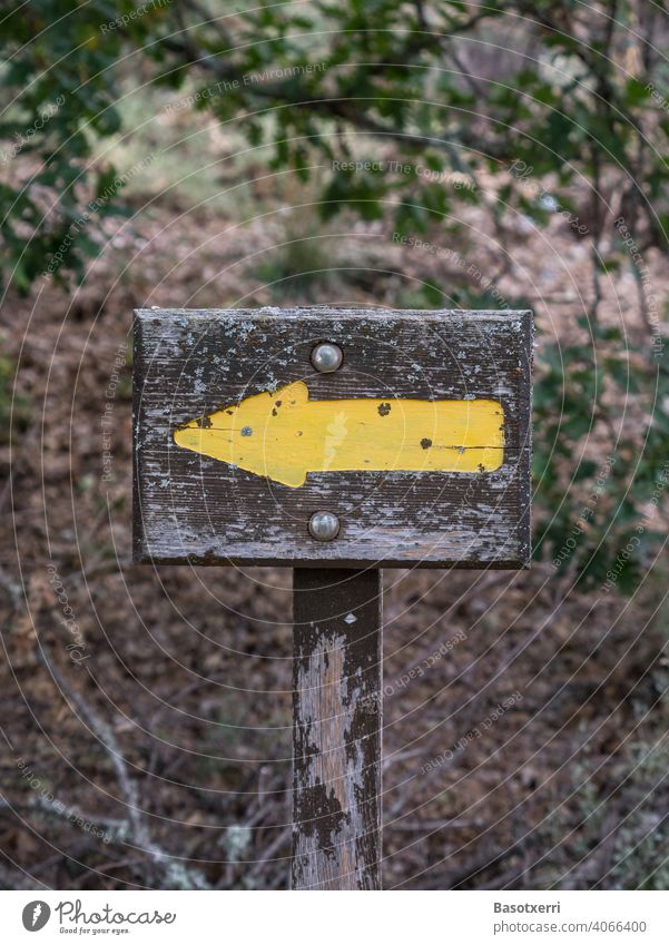 Nach links zeigender gelber Pfeil als Wegmarkierung auf einem Wanderweg im Wald wandern Pfad Orientierung Information nach links Schild Zeichen Holz Wegweiser