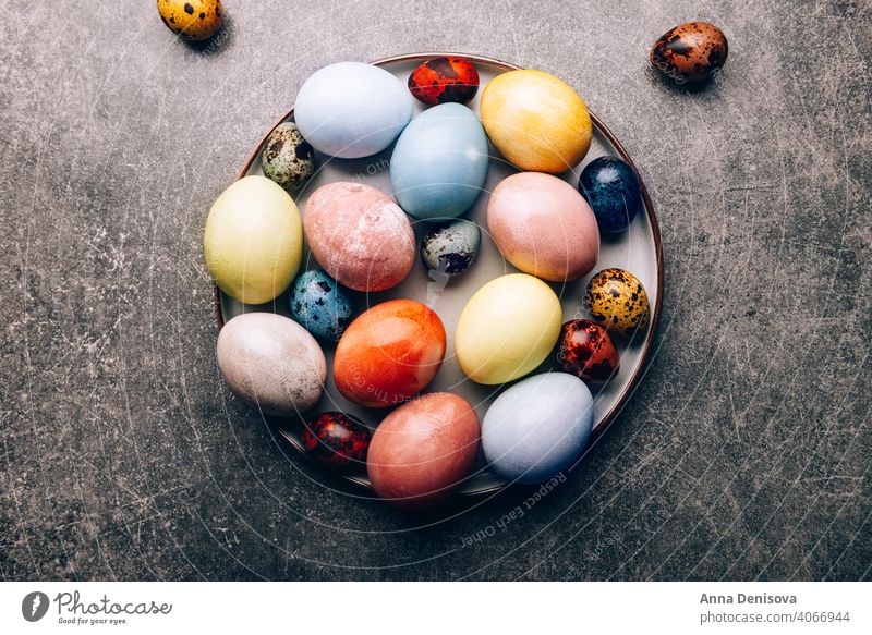 Selbstgemachte natürlich gefärbte Eier in Pastellfarben Farbstoff Ostern Wachteleier Rotkohl Spinat Kurkuma Kaffee Karkade-Tee Rote Beete Beeren Blaubeeren