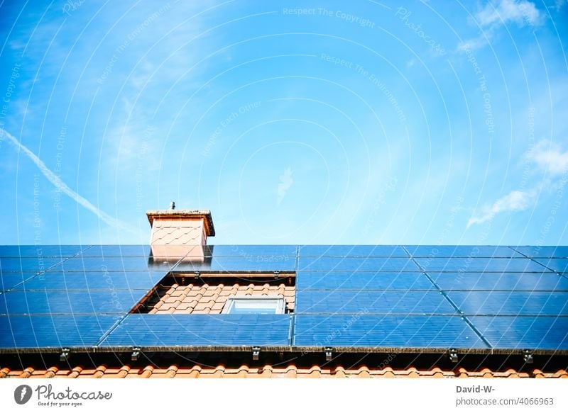 Solarmodule auf einem Dach Photovoltaik Solarenergie Himmel Solarzellen Energiewirtschaft Sonnenlicht sparen Förderung Zukunftsorientiert Photovoltaikanlage