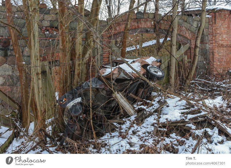 ein völlig Demolierter Wartburg liegt zwischen den Bäumen im Winter Auto schnee snow car Brandenburg Farbfoto Schnee kalt kaputt zerstört demoliert Bauernhof