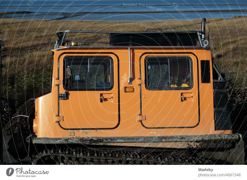 Geländegängiges Kettenfahrzeug mit Doppelkabine in leuchtendem Orange für den Küstenschutz im Hernst im Watt in Bensersiel bei Esen an der Küste der Nordsee in Ostfriesland in Niedersachsen