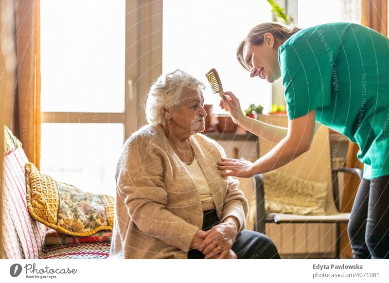 Weibliche Krankenschwester kümmert sich um eine ältere Frau zu Hause echte Menschen offen Senior reif Kaukasier heimwärts alt Alterung häusliches Leben
