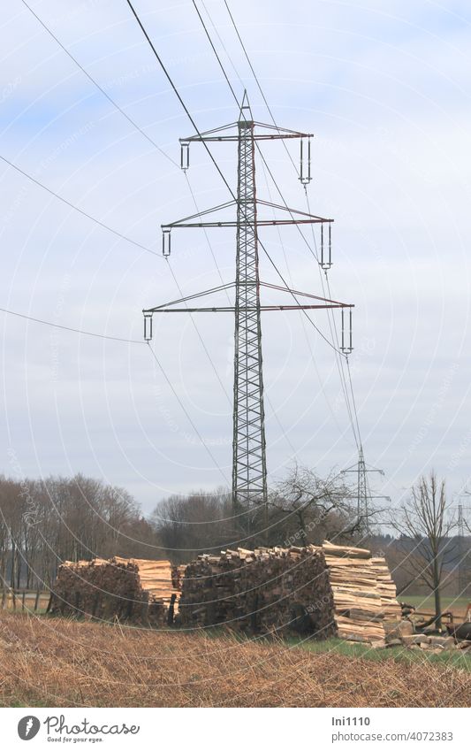 Strommasten in der Landschaft am Fuße sind Holzstapel zu sehen Energiewirtschaft Elektrizität ernergieversorgung Transportweg Hochspannung Leitungen Oberleitung