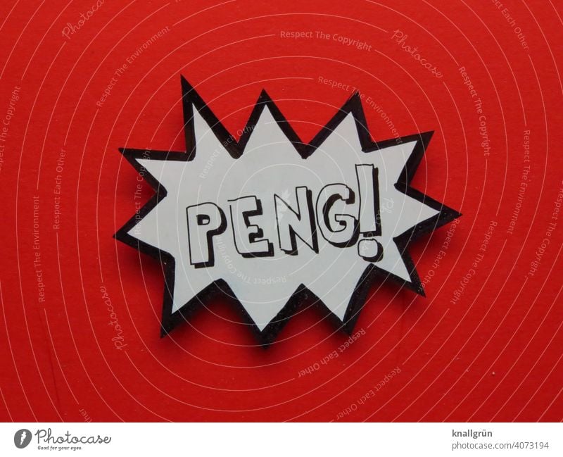 Peng! Sprechblase Comic Comicstyle Ausrufezeichen gezackt Zacken Großbuchstabe Farbfoto Menschenleer Schriftzeichen Hintergrund neutral Kommunizieren