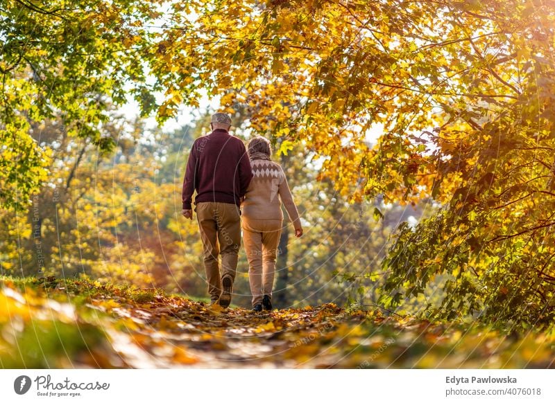 Senior Paar genießt Herbstfarben zusammen Liebe echte Menschen in den Ruhestand getreten Rentnerin gealtert Großmutter Großeltern Großvater Tag zwei
