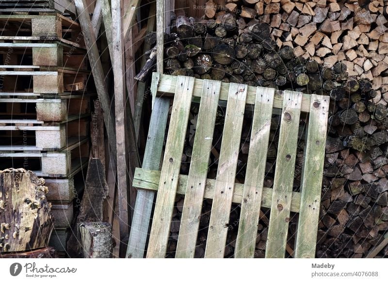 Alte Holzpaletten und gestapelte Holzscheite für den Kamin vor einem Haus in Oerlinghausen bei Bielefeld am Hermannsweg im Teutoburger Wald in Ostwestfalen-Lippe
