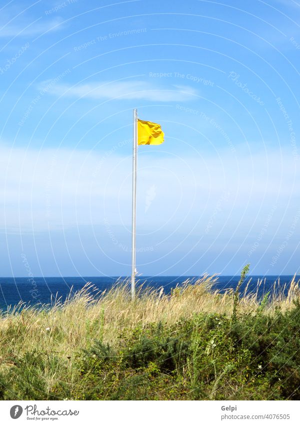 Achtung, gelbe Flagge am Strand Aufmerksamkeit Hintergrund schön blau Vorsicht Sauberkeit Cloud Farbe Gefahr gefährlich Fahne Gras hoch Feiertag Freizeit