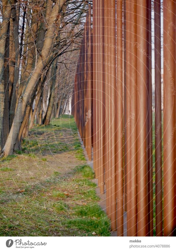 Bäume und Stäbe des Berliner Mauerdenkmals bilden eine dreieckige Gasse Stab Metall Stahl senkrecht Denkmal Stangen Eisenstange Eisenstangen Rost rostig