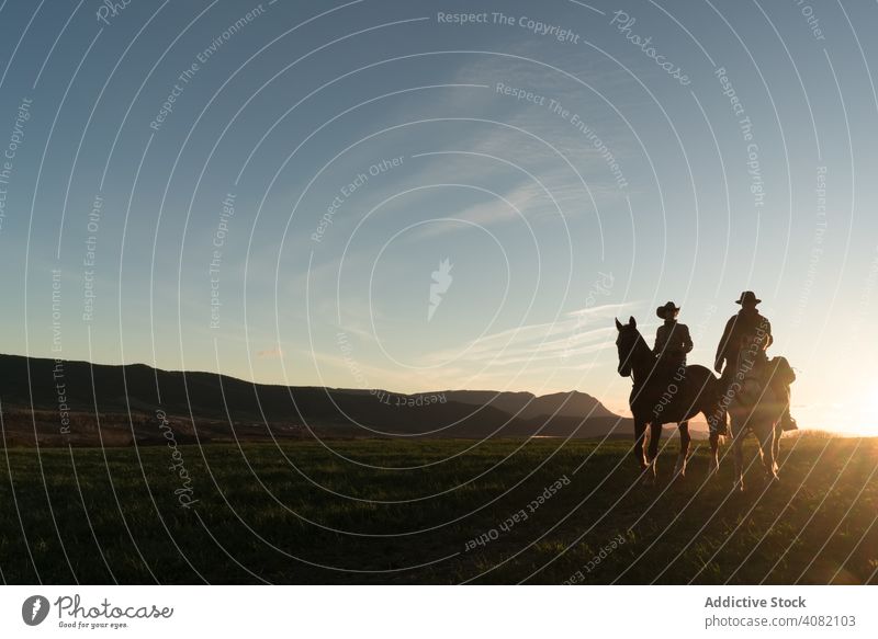Menschen reiten Pferde Reiten Ranch Sonnenuntergang Himmel Abend Mann Frau gestikulieren Sport Pferderücken Reiterin Lifestyle Freizeit Erholung heimisch Spaß
