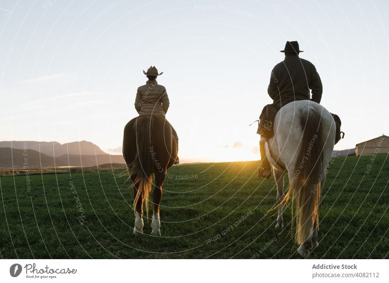 Menschen auf Pferden Reiten high five Ranch Sonnenuntergang Himmel Abend Mann Frau gestikulieren Sport Pferderücken Reiterin Lifestyle Freizeit Erholung