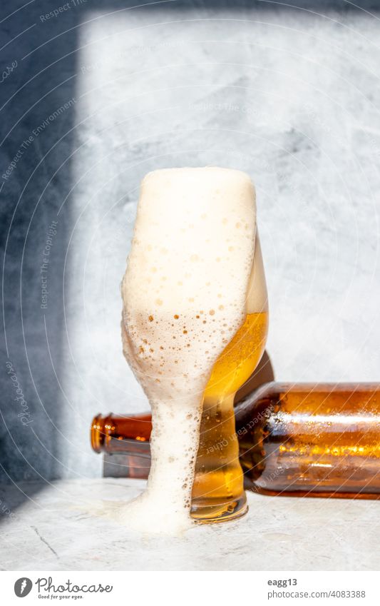 Glasbecher serviert mit IPA-Bier alkoholisch Hintergrund Barkeeper Bierglas Getränke Flasche Schaumblase Dose mit Kohlensäure Feier jauchzen Zitrusfrüchte