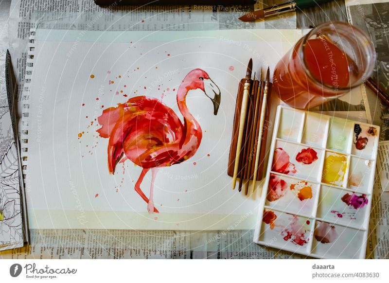 meine Stimmung malen Farbe im Innenbereich Wasserfarbe Bürsten Malerei Papier Kunst rosa Flamingo Hobbys Lernen Freizeit Bildung loslassen