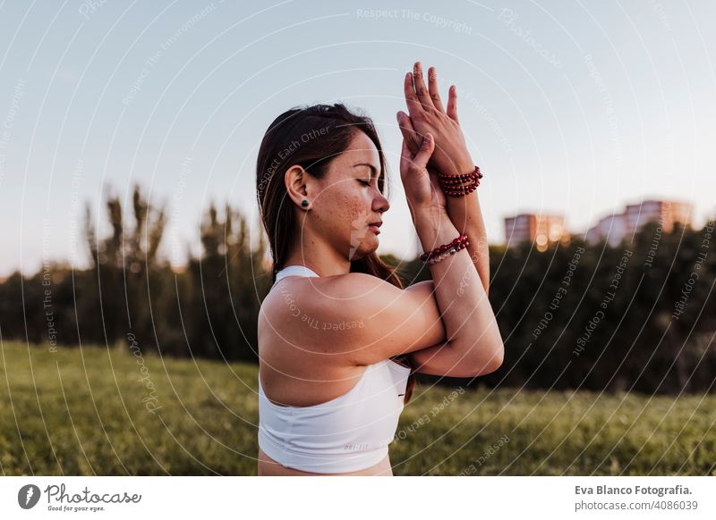 junge schöne asiatische Frau macht Yoga in einem Park bei Sonnenuntergang. Yoga und gesunden Lebensstil Konzept. Sommer Glück Genuss Sport Lifestyle sportlich