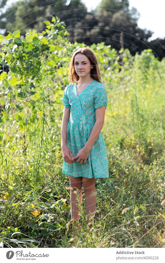 Porträt eines Teenagers auf einem landwirtschaftlichen Feld Ernte Bauernhof Ackerbau Katalonien Spanien Anoia Sommer Natur Mädchen sonnig tagsüber Stehen Kleid