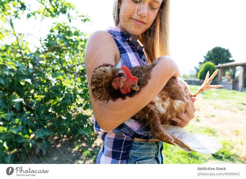 Fröhliches Mädchen mit Huhn auf dem Bauernhof Hähnchen Lächeln Streicheln Teenager Sträucher sonnig tagsüber Tier Pute Vogel Federvieh Ackerbau Ranch Sommer