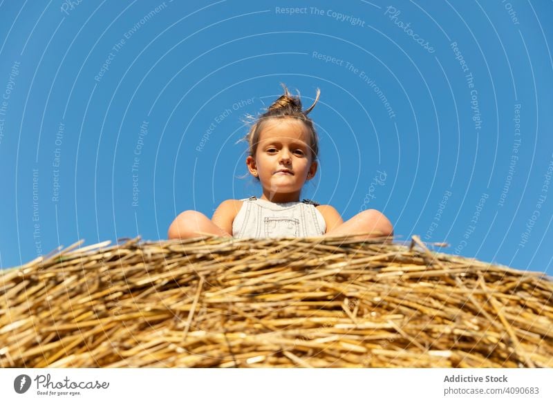 Mädchen sitzt auf Heurolle Bauernhof rollen Sitzen Himmel wolkenlos blau sonnig tagsüber Kind Feld getrocknet Gras Stroh Sommer Landschaft ländlich rustikal