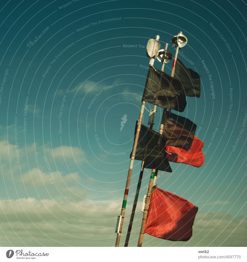 Flatterhaft Zeichen Wind flattern wehen Fahne rot Wasserfahrzeug Fischerboot Hafen Außenaufnahme Tag Sonnenlicht Meer Himmel Farbfoto Schilder & Markierungen