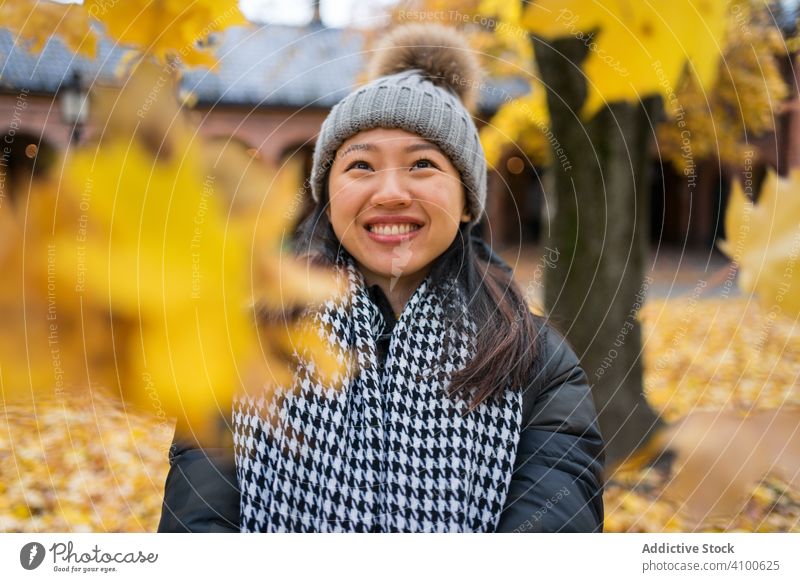 Glückliche ethnische Touristin genießt den Herbst in Oslo genießen Frau werfen Ahorn Blatt patio reisen Natur Feiertag sich[Akk] entspannen ruhen Urlaub