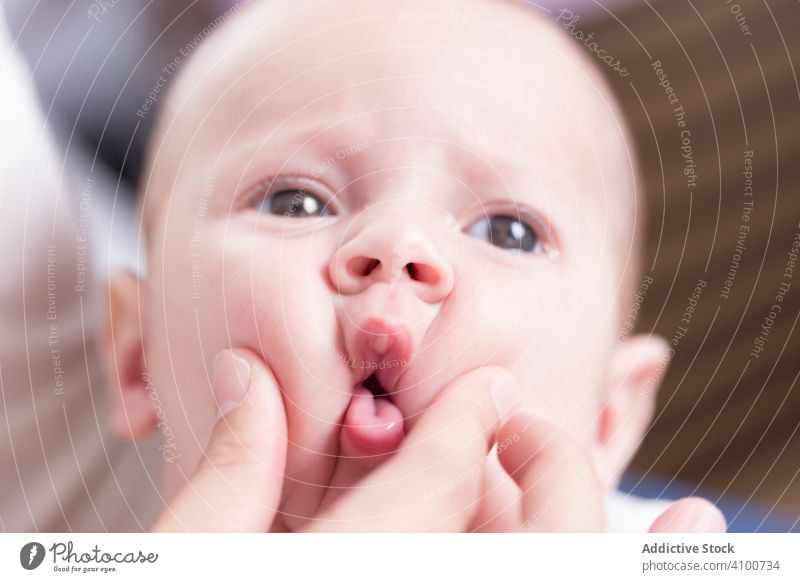 Hand, die die dicken Wangen eines Säuglings eindrückt Baby Gesicht Haut Kind rund Mund Nase winzig klein Angebot Arme rosa Zusammenbruch kauern. groß Kopf weich