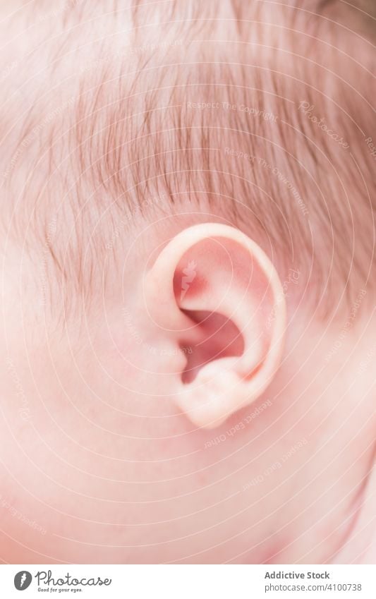Kleines weiches Ohr des Babys Säugling Körper Kopf Detailaufnahme Haut Kind winzig klein Angebot rosa niedlich sorgenfrei neugeboren wenig Gesundheit jung schön