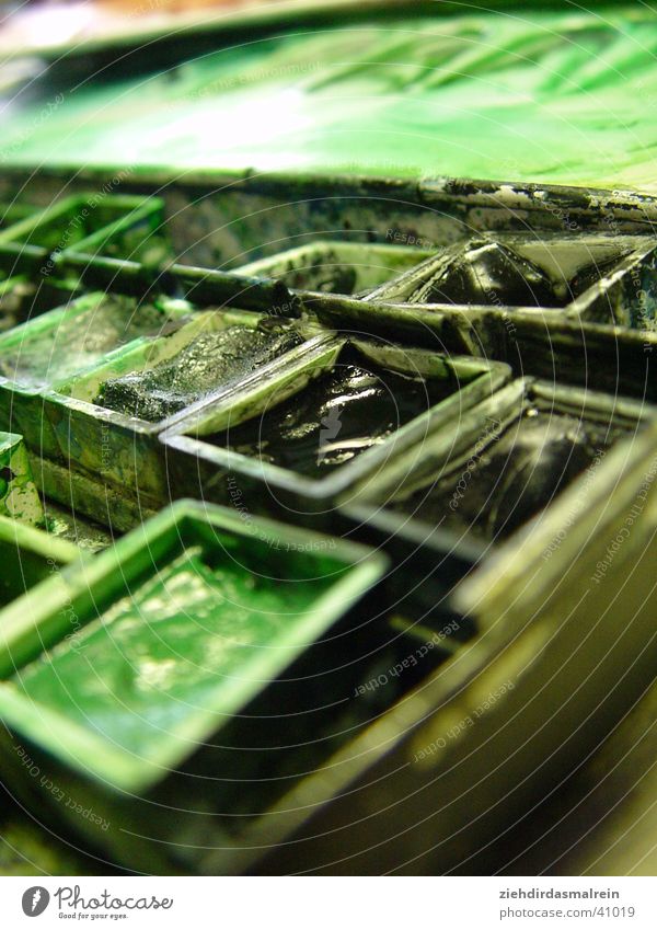 grüner kasten Aquarell Pinsel Makroaufnahme Nahaufnahme kasten aquarell kasten Künstler Farbe