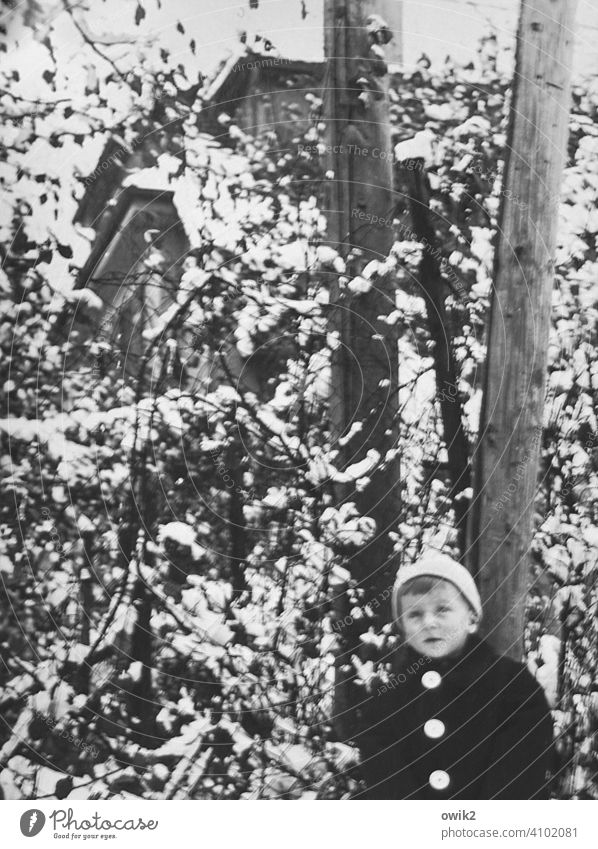 Entdecker Bub Junge Kind männlich jung kindlich Blick in die Kamera Porträt Kindheit Mensch Gesicht Lächeln Außenaufnahme Winter Baum damals Vergangenheit