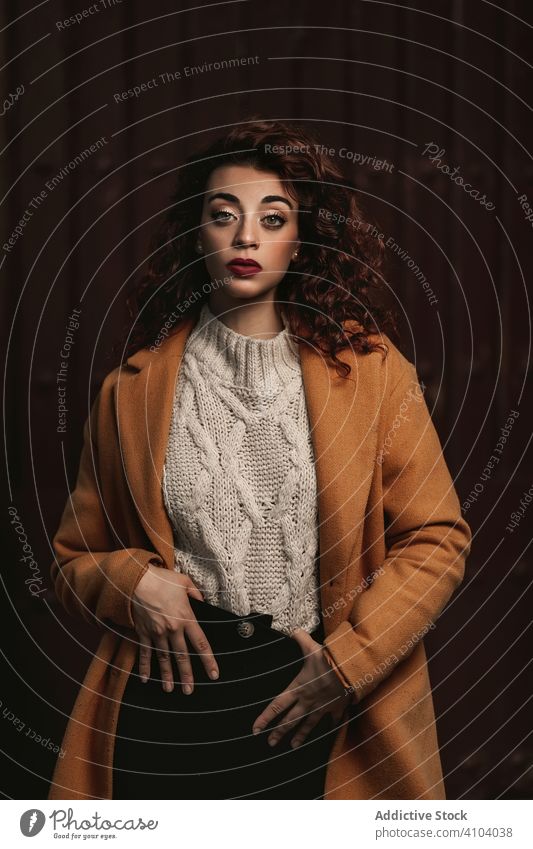Lockenhaarige Frau mit großen grauen Augen in lässiger Kleidung braunhaarig Strang Porträt krause Haare jung Gesicht Hand Beteiligung Teint Vorschein Model