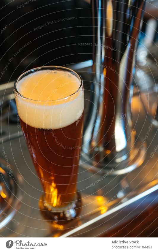 Ein Glas dunkles Bier auf dem Tisch Pub Alkohol Bar trinken Barmann liquide schäumen Dienst Getränk Handwerk Erfrischung Party Produkt Ales pint kalt Restaurant
