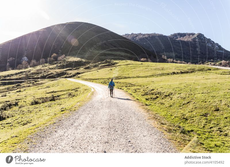 Anonyme Touristin mit Trekkingstöcken auf einer Wiese Wanderung Berge u. Gebirge benutzend Pole Hügel Felsen grün Sonnenlicht wandern Frau Sportkleidung Ausflug