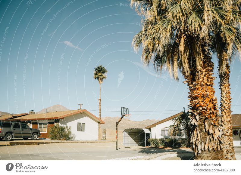 Häuser mit Garage und Basketballkorb in der Straße Haus Sommer Architektur urban Gebäude heimwärts Landschaft Venice Beach USA Handfläche Tag PKW Kalifornien