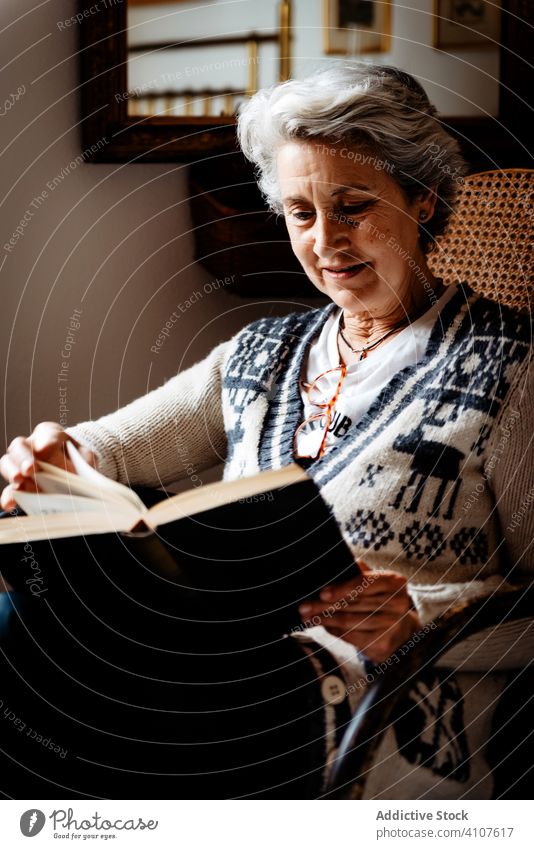 Ältere Frau liest mit Begeisterung am Fenster lesen Buch älter Wissen Literatur Konzentration Information intelligent klug kreativ Brille sich[Akk] entspannen