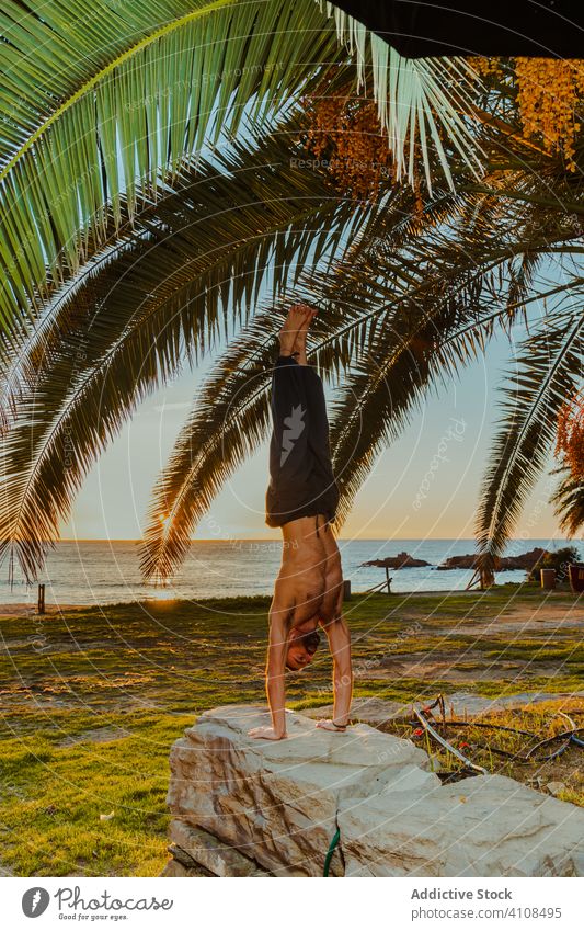 Gesichtsloser Mann übt Yoga am Meer bei Sonnenuntergang Körperhaltung beweglich Übung Seeküste Meeresufer Strand Küste Handfläche Blätter tropisch exotisch