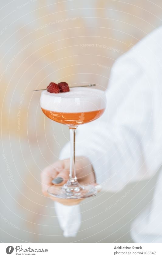 Unbekannter Kellner mit Clover-Club-Cocktail im Restaurant Alkohol trinken Getränk Klee-Club Himbeeren rot schäumen Glas süß sich[Akk] entspannen Feinschmecker