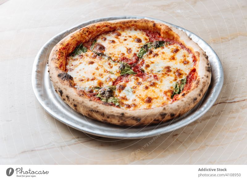 Frische Pizza mit Käse im Restaurant Speise Lebensmittel Mahlzeit geschmackvoll Tradition Italienisch Mittagessen lecker Küche rund frisch Kraut Teller Portion