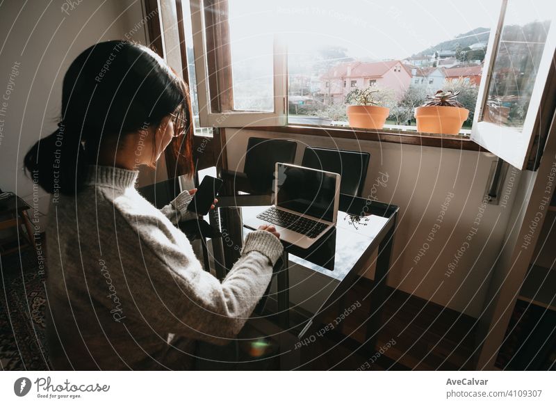 Frau arbeitet an seinem Laptop zu Hause, während er sein Telefon an einem hellen Tag überprüft Technik & Technologie heimwärts Sitzen Raum Mädchen jung Computer