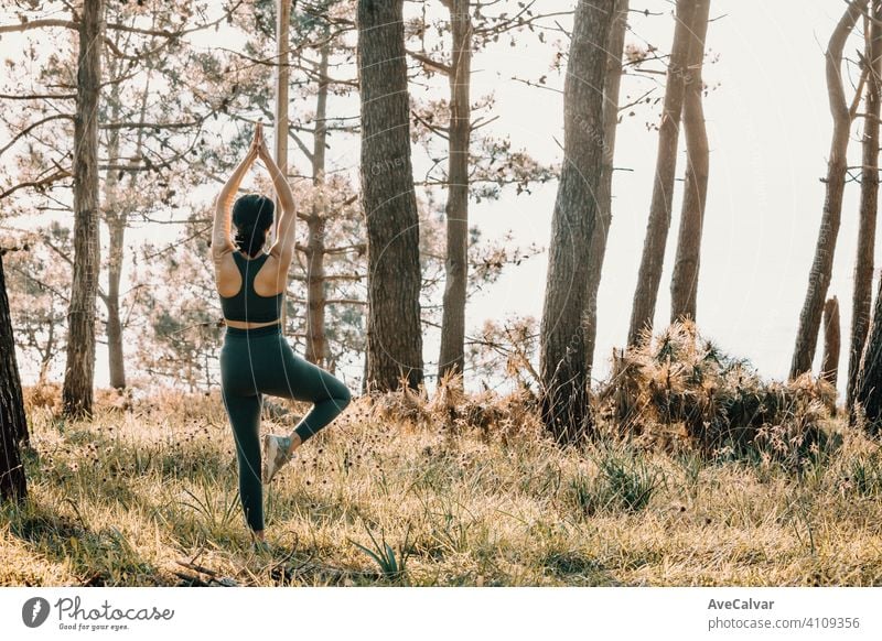 Junge fit Frau tun Yoga im Wald während eines Frühlings sonnigen Tag mit Kopie Raum entspannen Konzept Lifestyle Gesundheit Fitness Natur Übung grün Erholung